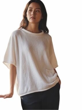 Rolled Neck Sweater Top Textured White 100% Cotton SZ OS Boxy Fit Coastal Beach